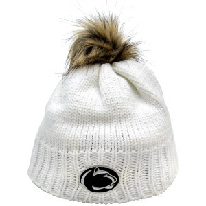 white knit beanie with embroidered Penn State Athletic Logo and fur pom